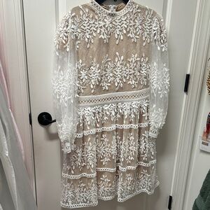 NWT Women’s Ivy City Comp. Sheer Embroidered Floral Lace Dress in Nude and White